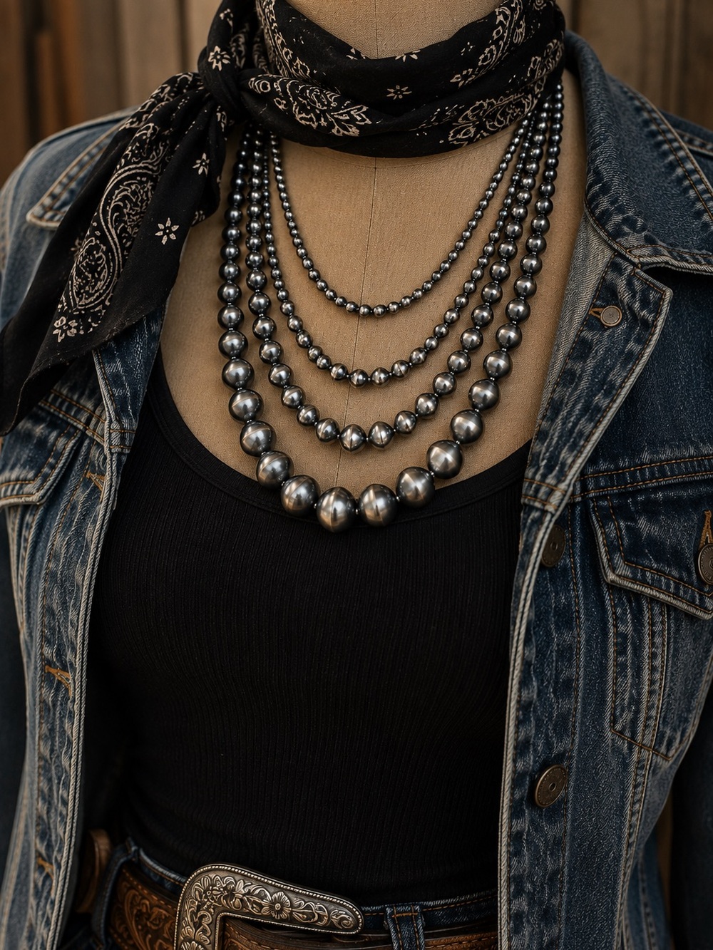 Tipi Western 4-layer Faux Navajo Pearl Beaded Necklace NWT